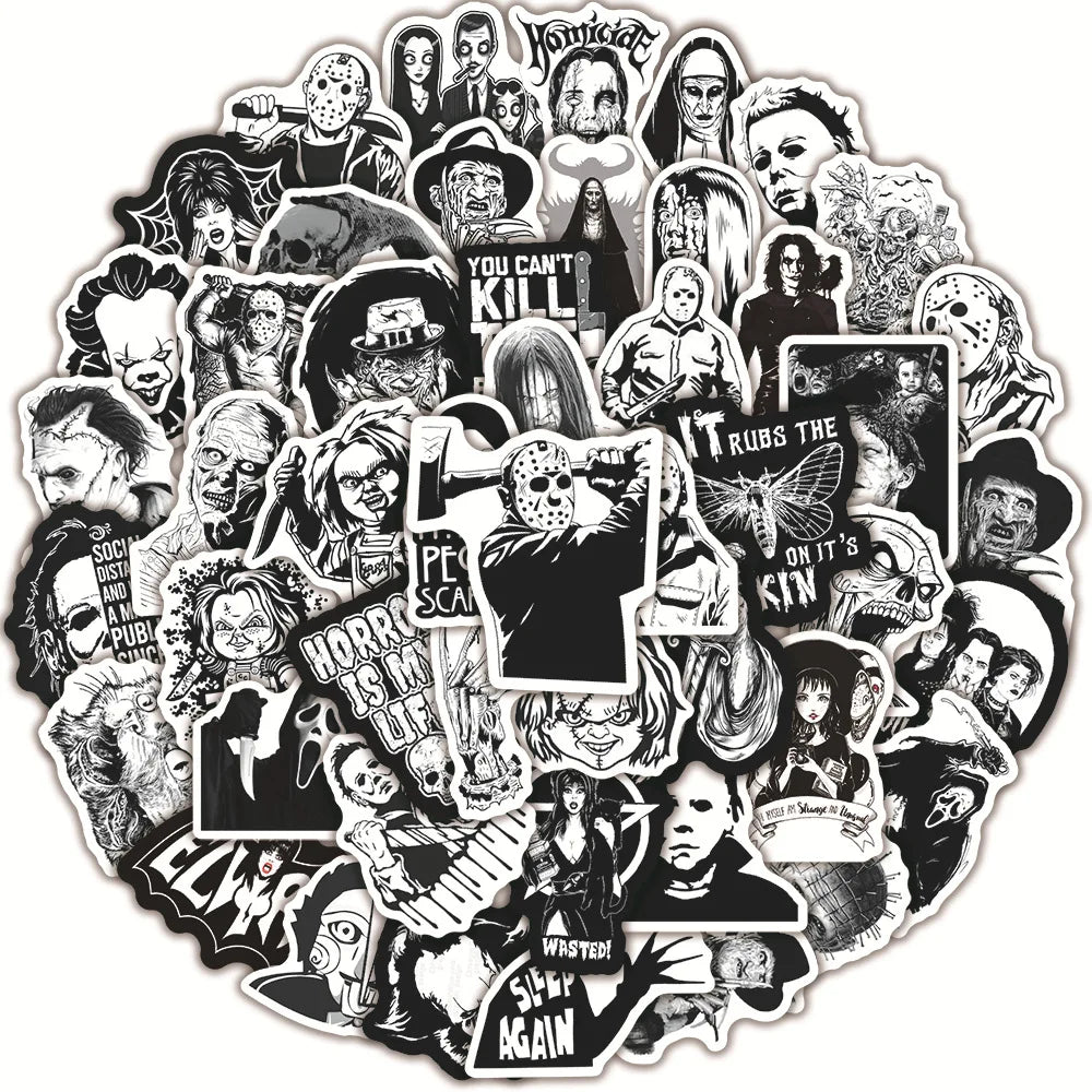 50pcs Black White Thriller Horror Movie Stickers