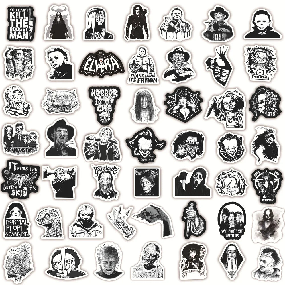 50pcs Black White Thriller Horror Movie Stickers